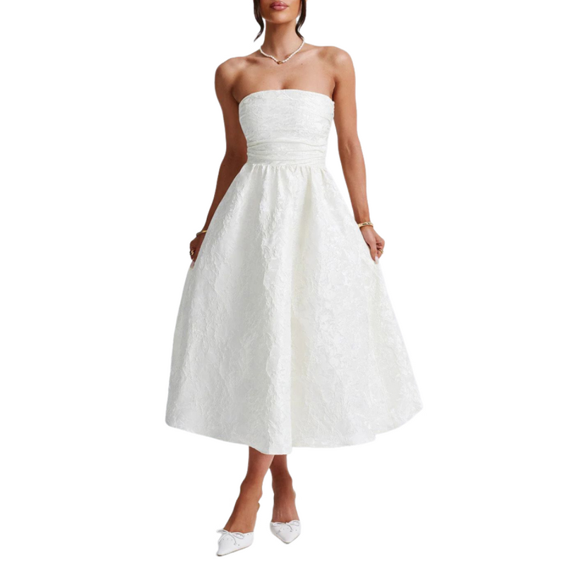 Strapless Tea Length Prom Dress Embroidery Satin Evening Party Gown
