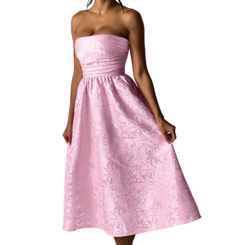 Strapless Tea Length Prom Dress Embroidery Satin Evening Party Gown