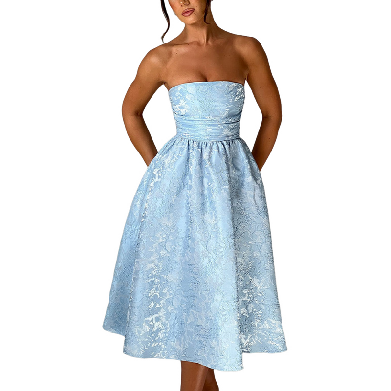 Strapless Tea Length Prom Dress Embroidery Satin Evening Party Gown