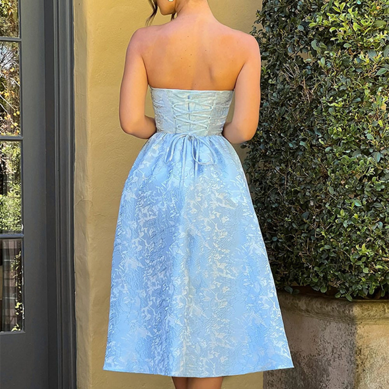 Strapless Tea Length Prom Dress Embroidery Satin Evening Party Gown