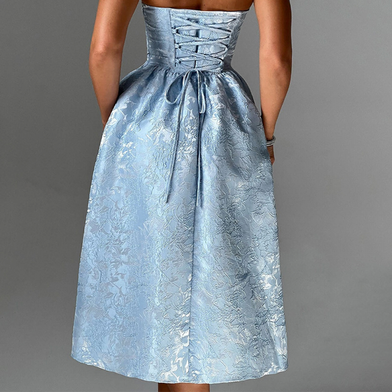 Strapless Tea Length Prom Dress Embroidery Satin Evening Party Gown