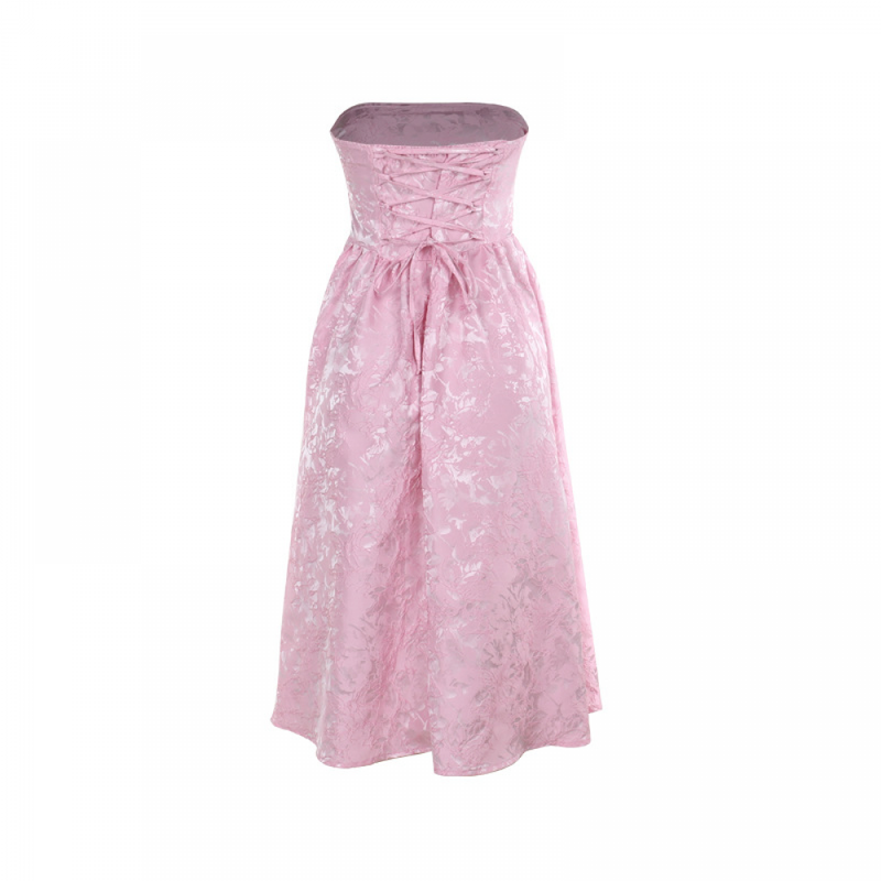 Strapless Tea Length Prom Dress Embroidery Satin Evening Party Gown