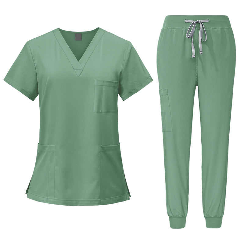 Stretch V-Neck Top Drawstring Cargo Pants Jogger Nursing Uniform