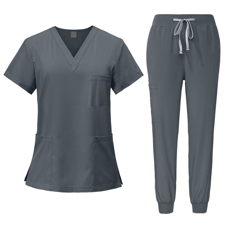 Stretch V-Neck Top Drawstring Cargo Pants Jogger Nursing Uniform