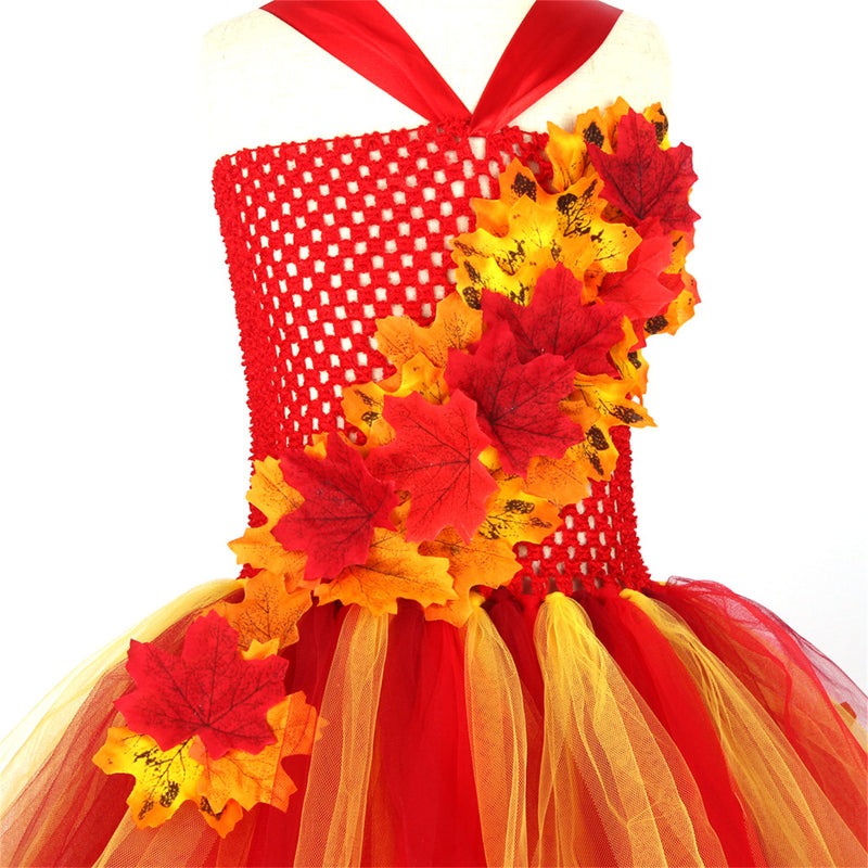 Thanksgiving Kids Girls Maple Leaf Layered Tulle Tutu Dress Garland Hairpin - AwwwCos
