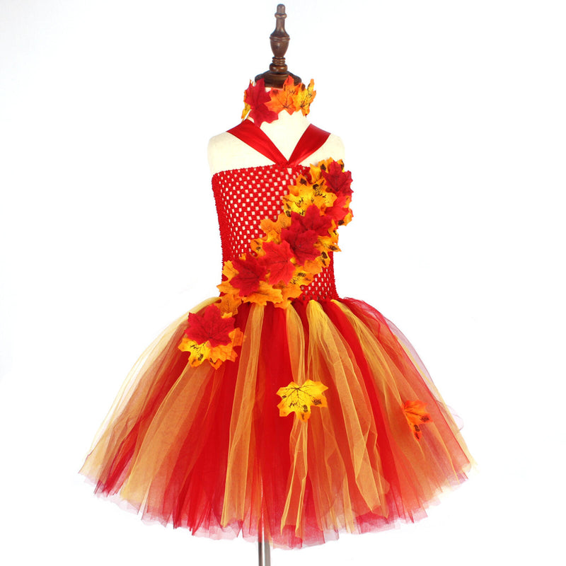 Thanksgiving Kids Girls Maple Leaf Layered Tulle Tutu Dress Garland Hairpin - AwwwCos