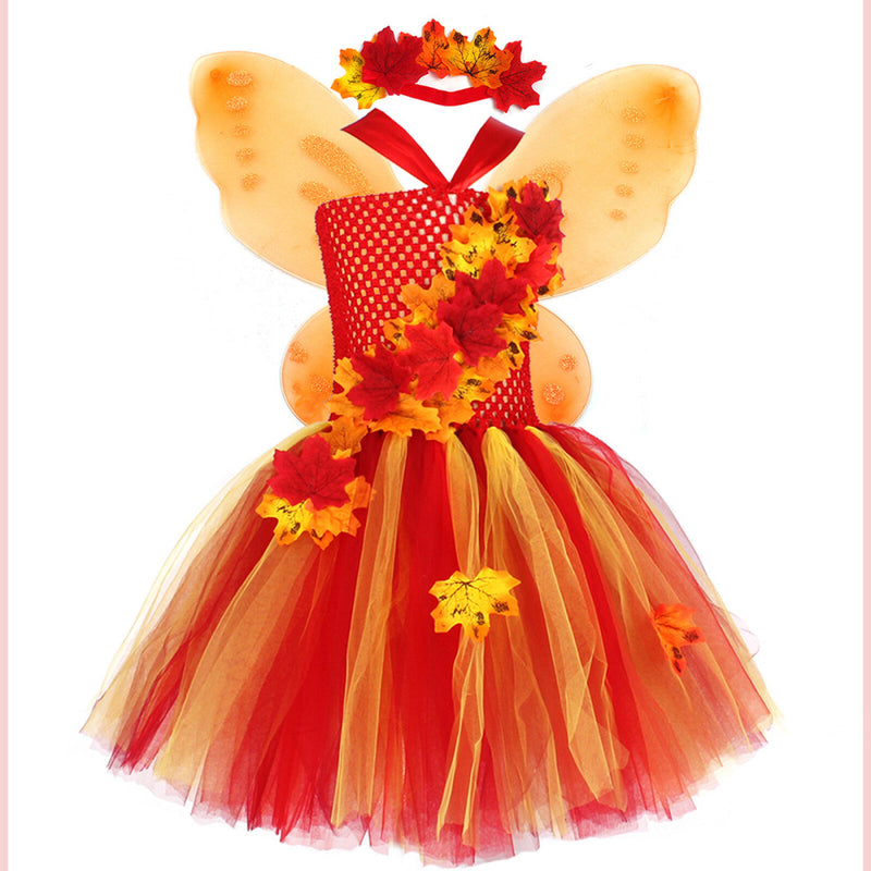 Thanksgiving Kids Girls Maple Leaf Layered Tulle Tutu Dress Garland Hairpin - AwwwCos