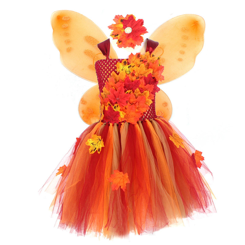 Thanksgiving Kids Girls Maple Leaf Layered Tulle Tutu Dress Garland Hairpin - AwwwCos