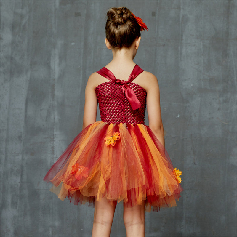 Thanksgiving Kids Girls Maple Leaf Layered Tulle Tutu Dress Garland Hairpin - AwwwCos