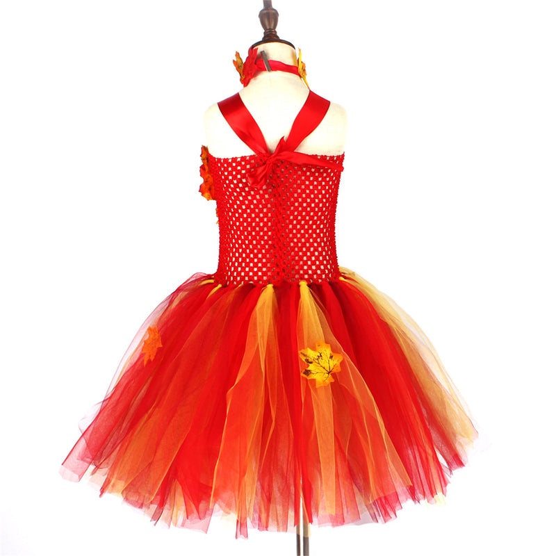 Thanksgiving Kids Girls Maple Leaf Layered Tulle Tutu Dress Garland Hairpin - AwwwCos