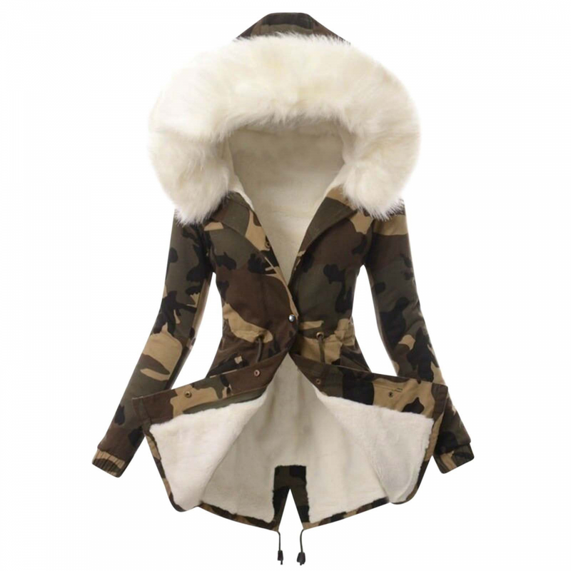 Warm Winter Drawstring Camouflage Faux Fur Collar Coat Thickened Puffer Parka - AwwwCos