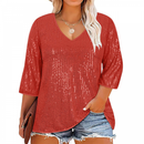 Weddings Glitter Tops 3/4 Sleeve Shirts V Neck Sequin Blouse Tunic