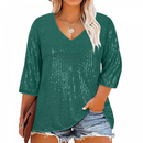 Weddings Glitter Tops 3/4 Sleeve Shirts V Neck Sequin Blouse Tunic