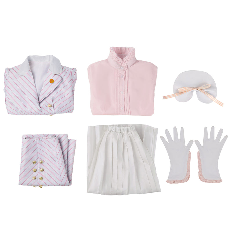 Wicked Glynda Cosplay Costume Hat Gloves Pink Striped Uniform Skirt