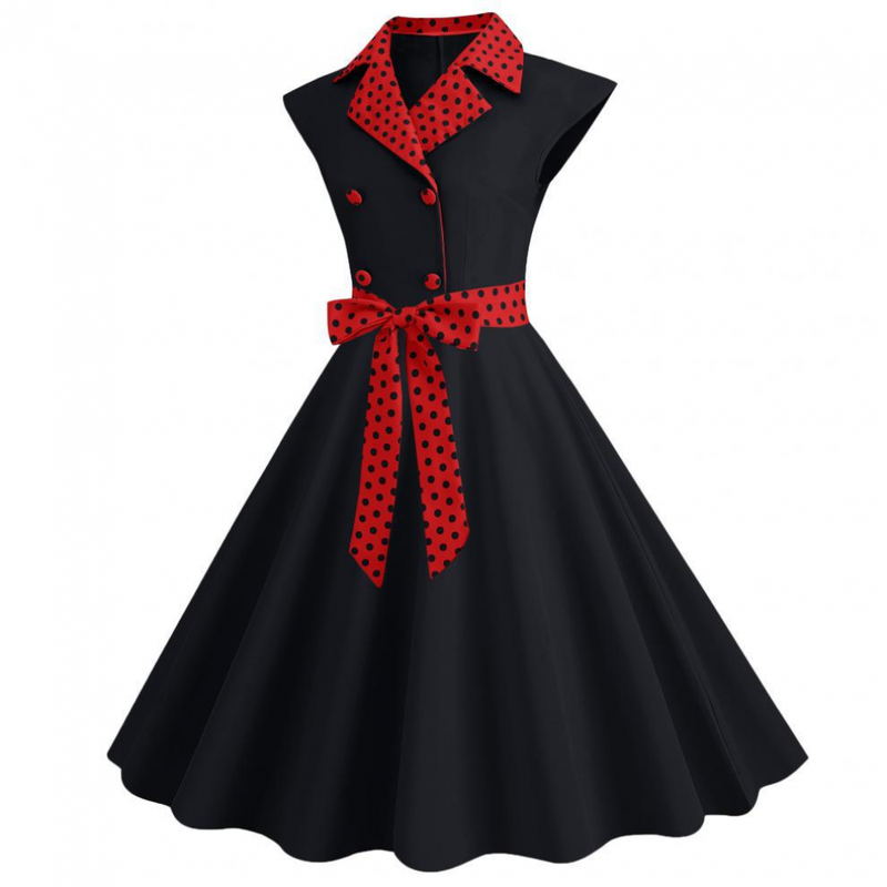 Women 1950s Polka Dots Knee Length Vintage Double-Breasted Dress