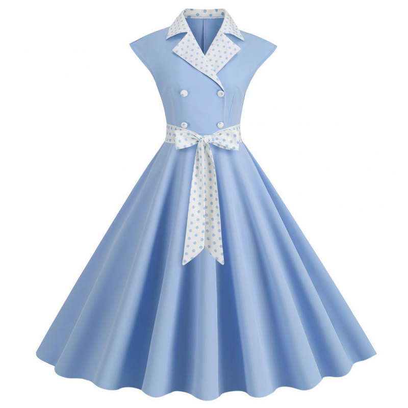 Women 1950s Polka Dots Knee Length Vintage Double-Breasted Dress