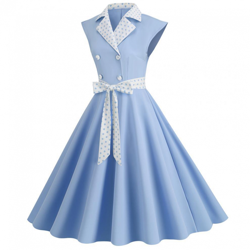 Women 1950s Polka Dots Knee Length Vintage Double-Breasted Dress