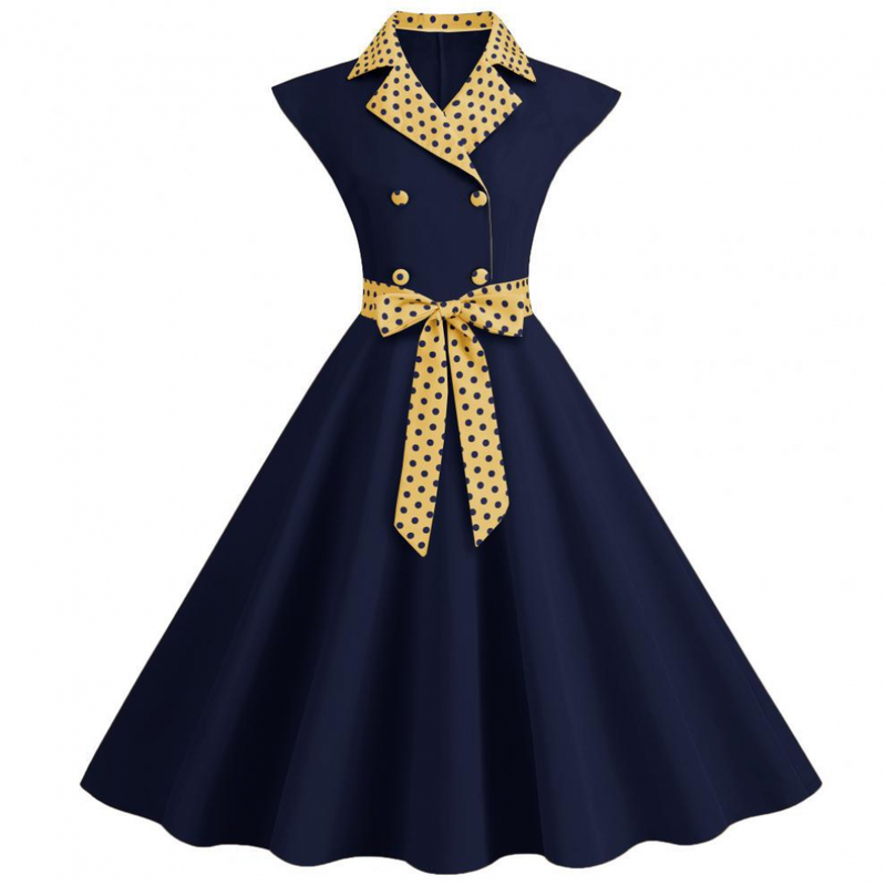 Women 1950s Polka Dots Knee Length Vintage Double-Breasted Dress