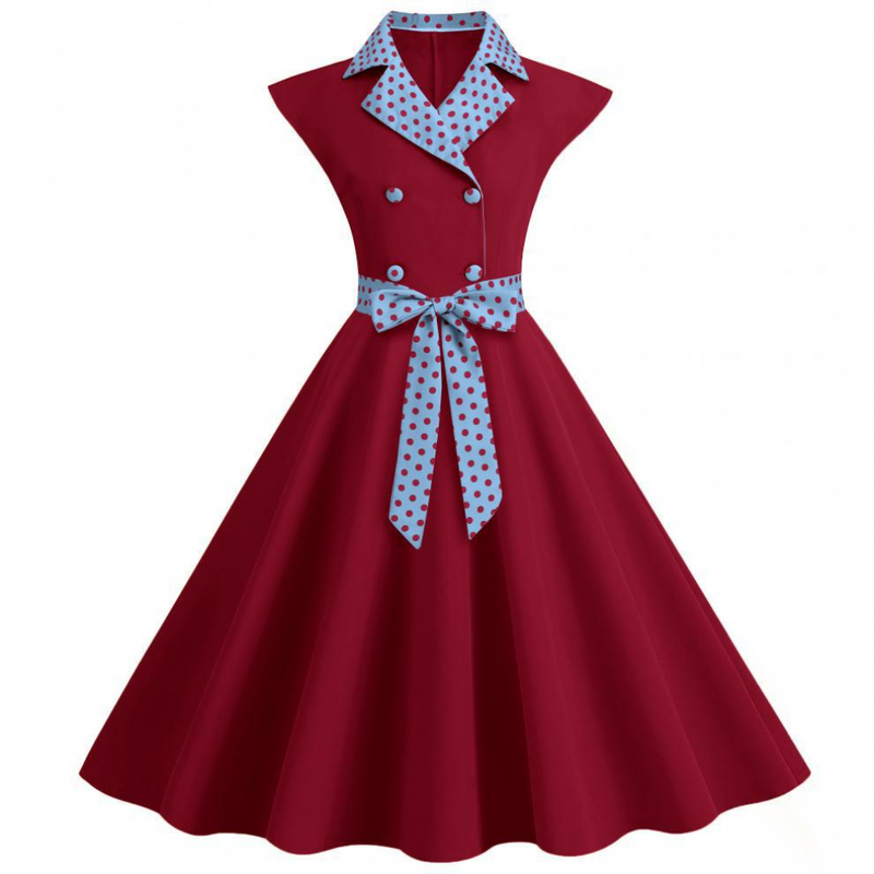 Women 1950s Polka Dots Knee Length Vintage Double-Breasted Dress