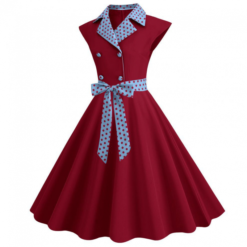 Women 1950s Polka Dots Knee Length Vintage Double-Breasted Dress