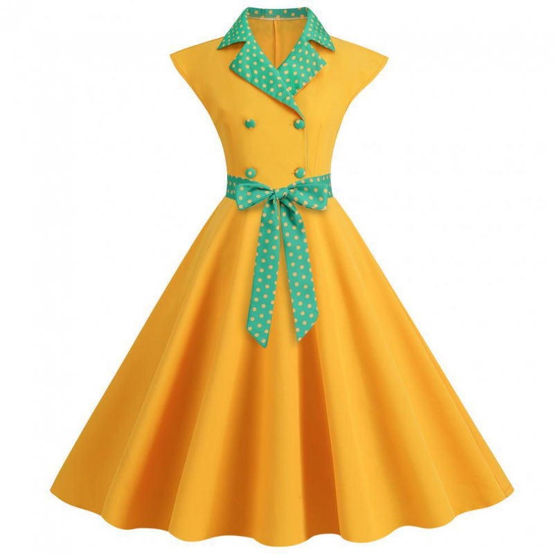Women 1950s Polka Dots Knee Length Vintage Double-Breasted Dress