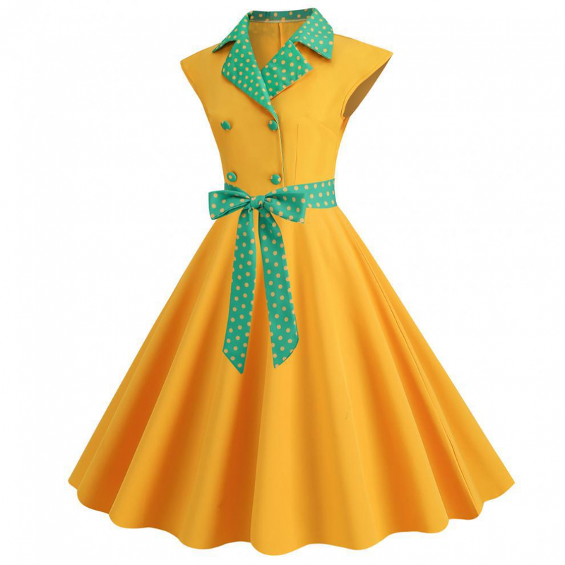 Women 1950s Polka Dots Knee Length Vintage Double-Breasted Dress