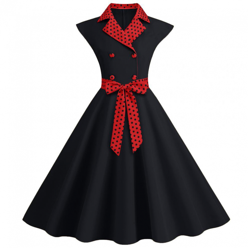 Women 1950s Polka Dots Knee Length Vintage Double-Breasted Dress