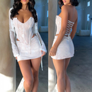 Women 2 Piece Bodycon Mini Skirt Set Backless Lace Up Floral Bustier Corset Top - AwwwCos