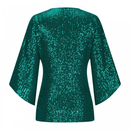 Women 3/4 Sleeve Glitter Sparkly Party Blouse V-Neck Dressy Sequin Tops