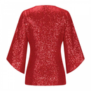 Women 3/4 Sleeve Glitter Sparkly Party Blouse V-Neck Dressy Sequin Tops