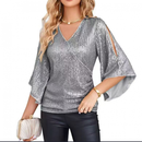 Women 3/4 Sleeve Glitter Sparkly Party Blouse V-Neck Dressy Sequin Tops