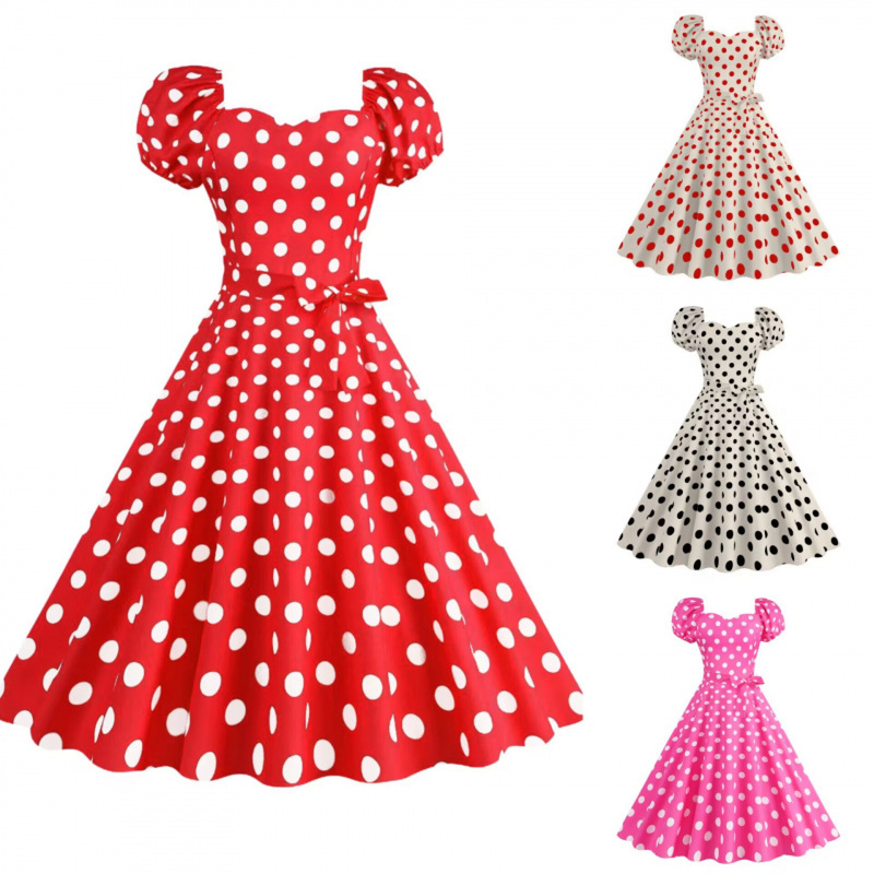 Women 50s Vintage Polka Dot Short Sleeve Cocktail Swing A Line Dress - AwwwCos