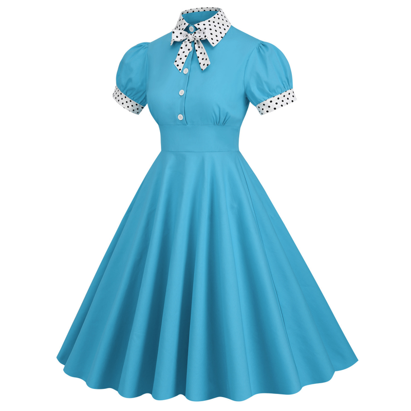 Women 50s Vintage Polka Dot Turn-Down Collar Cocktail Swing Dress - AwwwCos
