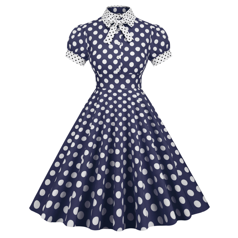 Women 50s Vintage Polka Dot Turn-Down Collar Cocktail Swing Dress - AwwwCos