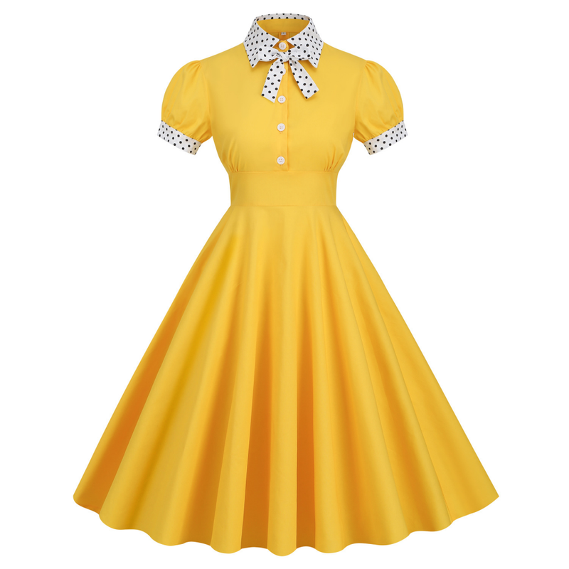 Women 50s Vintage Polka Dot Turn-Down Collar Cocktail Swing Dress - AwwwCos