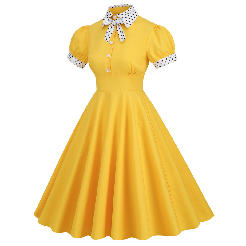Women 50s Vintage Polka Dot Turn-Down Collar Cocktail Swing Dress - AwwwCos