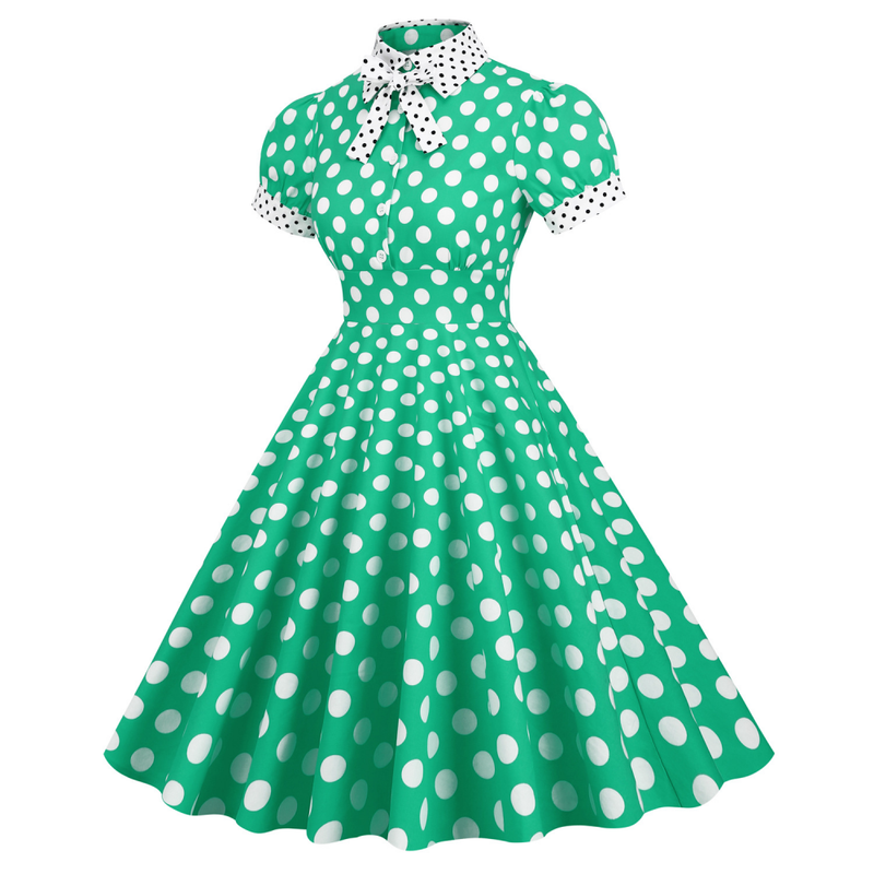 Women 50s Vintage Polka Dot Turn-Down Collar Cocktail Swing Dress - AwwwCos