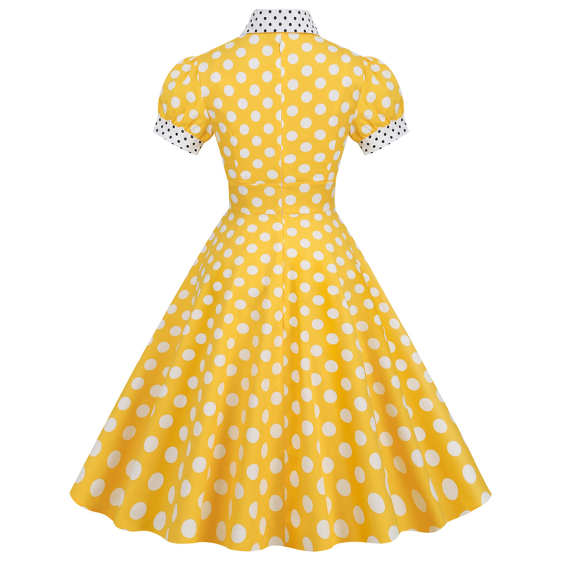 Women 50s Vintage Polka Dot Turn-Down Collar Cocktail Swing Dress - AwwwCos