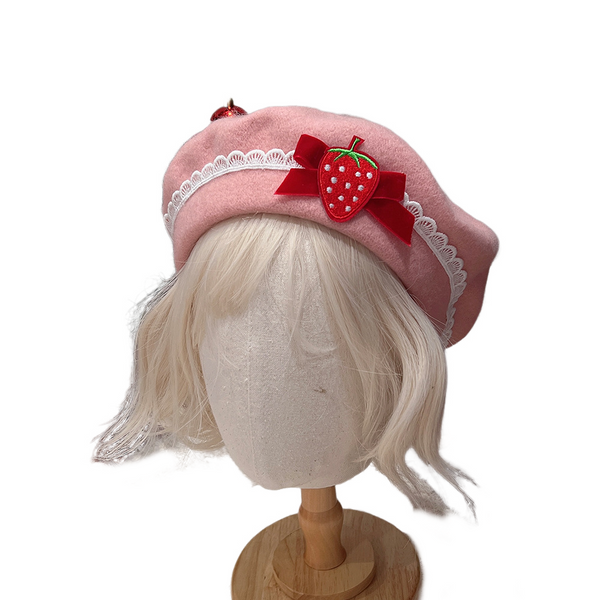 Women Bow Strawberry Decal Pink Beret Winter Warm Vintage Wool Beret Hat - AwwwCos