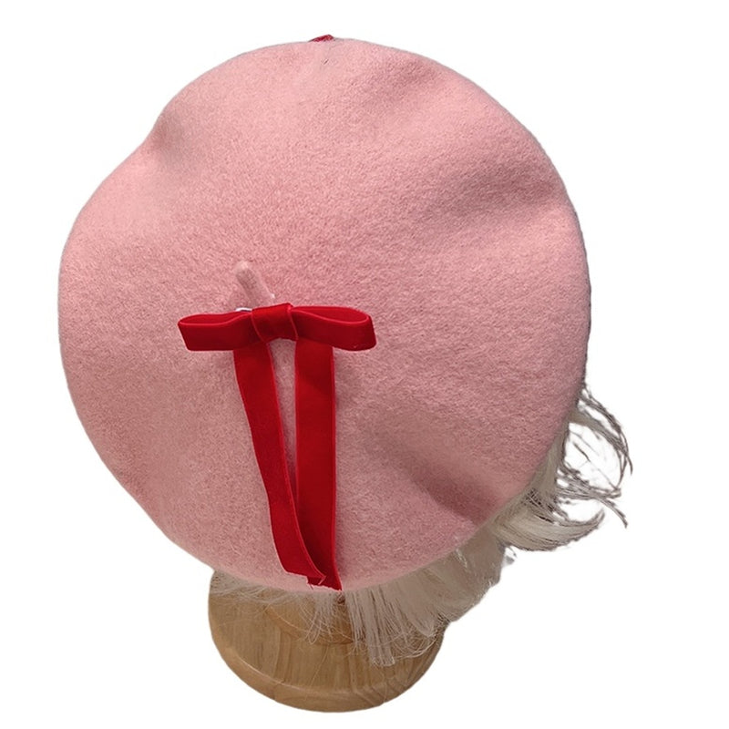 Women Bow Strawberry Decal Pink Beret Winter Warm Vintage Wool Beret Hat - AwwwCos