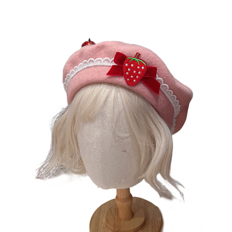 Women Bow Strawberry Decal Pink Beret Winter Warm Vintage Wool Beret Hat - AwwwCos