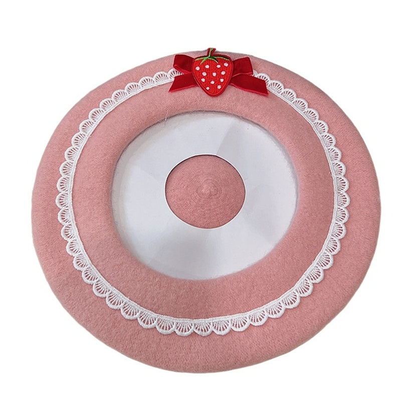 Women Bow Strawberry Decal Pink Beret Winter Warm Vintage Wool Beret Hat - AwwwCos
