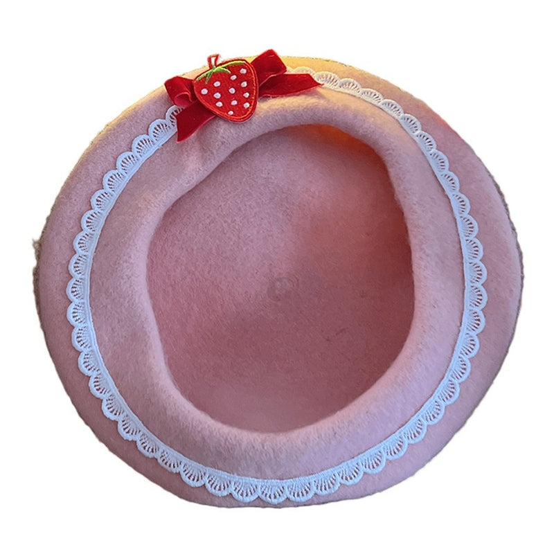 Women Bow Strawberry Decal Pink Beret Winter Warm Vintage Wool Beret Hat - AwwwCos