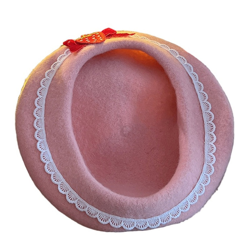 Women Bow Strawberry Decal Pink Beret Winter Warm Vintage Wool Beret Hat - AwwwCos