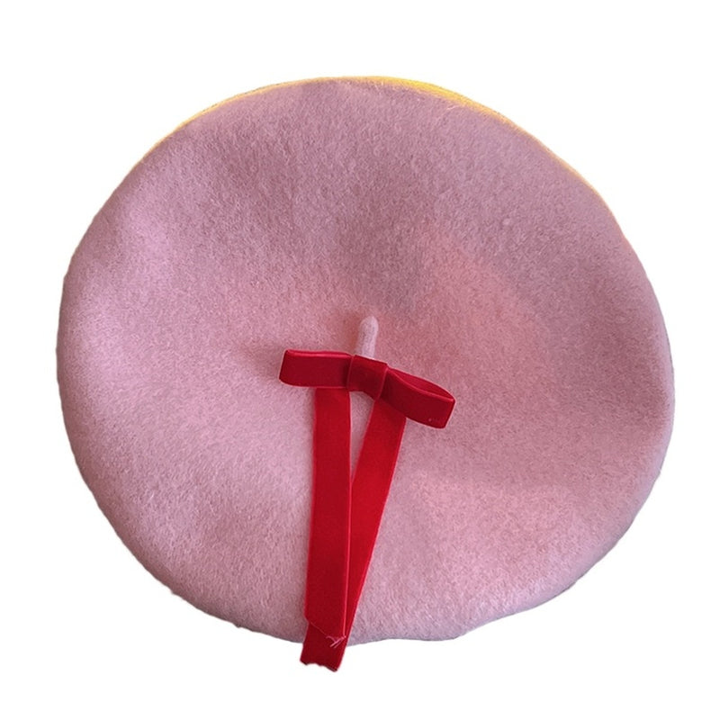 Women Bow Strawberry Decal Pink Beret Winter Warm Vintage Wool Beret Hat - AwwwCos