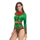Women Christmas Green Swimsuit Long Sleeve 3D Printed Jumpsuit Swimwear