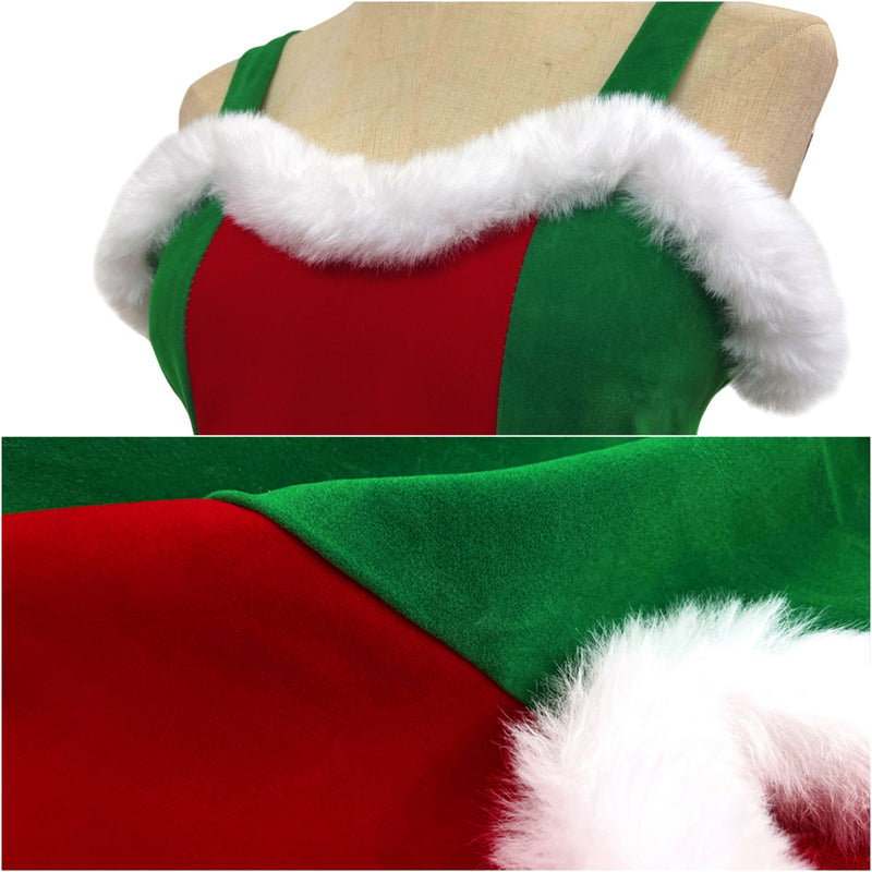Women Christmas Mrs Claus Cosplay Costume Red Green Velvet Dress Hat - AwwwCos