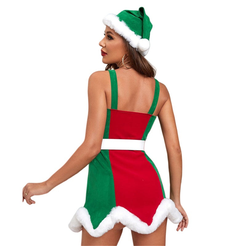 Women Christmas Mrs Claus Cosplay Costume Red Green Velvet Dress Hat - AwwwCos