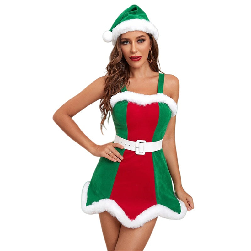 Women Christmas Mrs Claus Cosplay Costume Red Green Velvet Dress Hat - AwwwCos