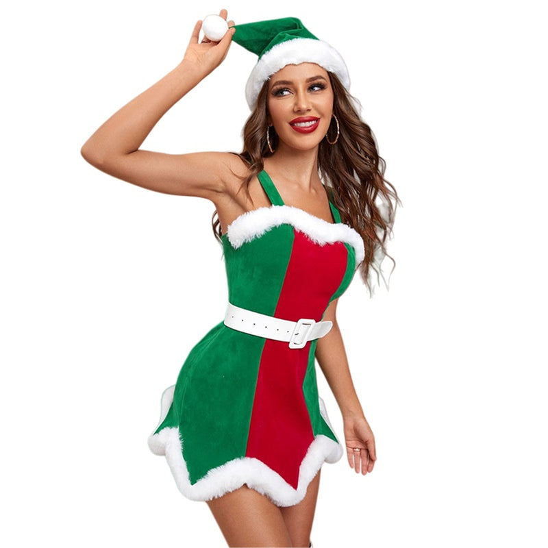 Women Christmas Mrs Claus Cosplay Costume Red Green Velvet Dress Hat - AwwwCos